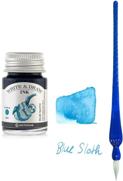 Glaspen - Glazen Dip Pen set in doosje - Blauw - Potje - Octopus - Vulpen inkt - blauw-blue sloth