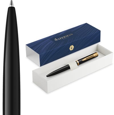 Waterman Impression Balpen | Medium Punt met Blauwe Inktvulling | Zwarte Lak met Goudkleurige Afwerking | Geschenkdoos