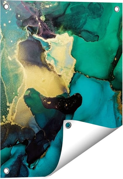 Gards Tuinposter Abstracte Kunst - Groen met Goud - 40x50 cm - Tuindoek - Tuindecoratie - Wanddecoratie buiten - Tuinschilderij
