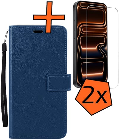 Hoes - Met 2x Screenprotector - Geschikt voor Apple iPhone 17 Pro - Luxe Pasjeshouder - Bookcase Portemonee - Flip Case - Kunstleer Book Case - Flipcase Hoes - Book Cover - Walletcase - PortemonneeHoes - Donkerblauw