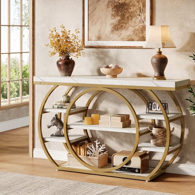 LITTLE TREE Slanke Bijzettafel - 120 x 30 x 80 cm - Rond Metalen Frame - 4-Laags Opbergplanken - Industriële Robuuste Bouw - Multifunctioneel Voor Entree, Woonkamer En Slaapkamer - Witgoud