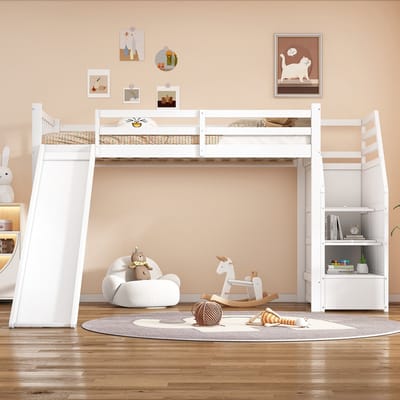 Sweiko Hoogslaper - 90*200cm - met Glijbaan - Opbergladder - Wit