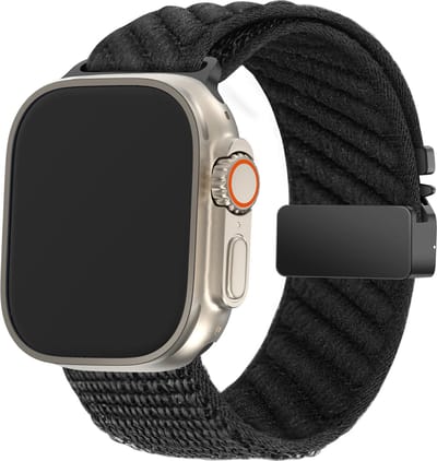 Bandz Nylon band 'Wave' met Parachute sluiting - geschikt voor Apple Watch Series 1/2/3/4/5/6/7/8/9/10/11/SE/SE2/SE3/Ultra - iWatch nylon bandje voor grote maten: 44mm/45mm/46mm/49mm (zwart)