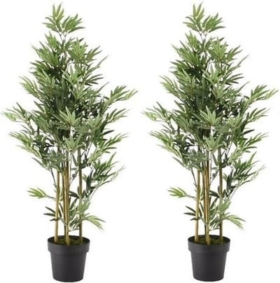 2x Groene bamboe kunstplanten 125 cm in zwarte plastic pot - Kamerplant kunstplanten/nepplanten
