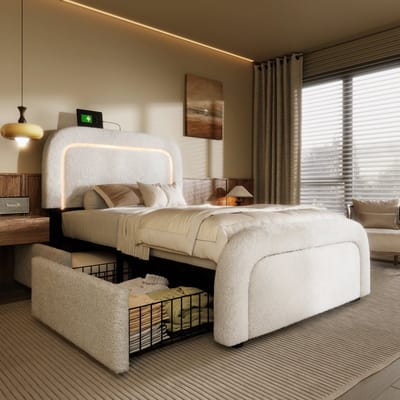 MEUNIQ eenpersoons bedframe 90x200 cm met USB en Type-C, LED-verlichting, 2 lades, verstelbaar hoofdbord en lattenbodem voor slaapkamer, wit