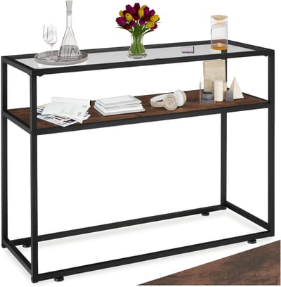 tectake® Consoletafel met plank en glazen blad - Sidetable met 2 niveaus - Dressoir met glazen blad voor in woonkamer, hal, keuken - Industrieel design - Zwart metalen frame - Afmeting (LxBxH) 100 x 41 x 80,5 cm - Donkerbruin