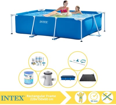Intex Rechthoekig Frame Zwembad - 220 x 150 x 60 cm - Blauw - Inclusief Afdekzeil - Onderhoudspakket - Zwembadfilterpomp - Filter - Schoonmaakset - Solar Mat - 7-delig