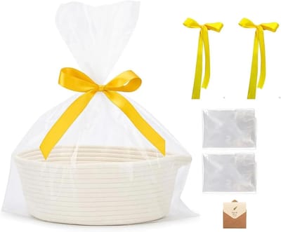 Opbergmand, gevlochten mand, geschenktassenset, inclusief cadeautasje, strik en wenskaart, voor bruiloft, verjaardag, Pasen, oogst(wit)