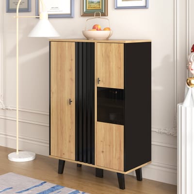 Bijzetkasten-Sideboard met Glas en LED-Verlichting-Uniek Zwart Houtstrepen Design-Met Laminaat-Zwart en Hout