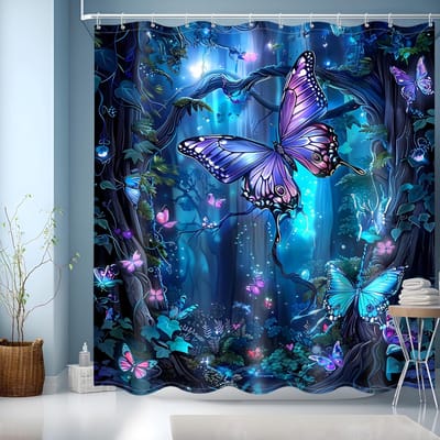 Famanu – Douchegordijn vlinders blauw 180 x 200 cm – 3D HD print + 12 haken
