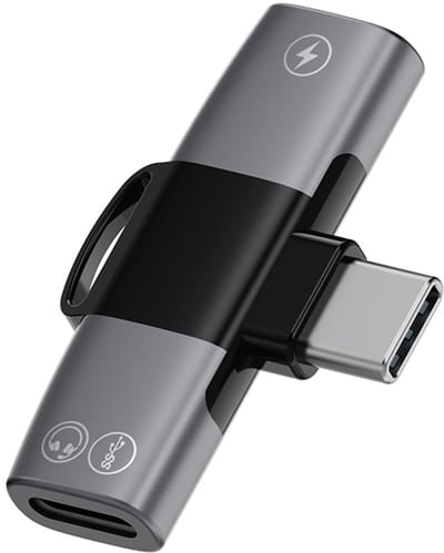 USB-C naar 2X USB-C compacte haakse splitter adapter kabel - oplader, data en audio adapter - o.a. voor headset en koptelefoon - grijs