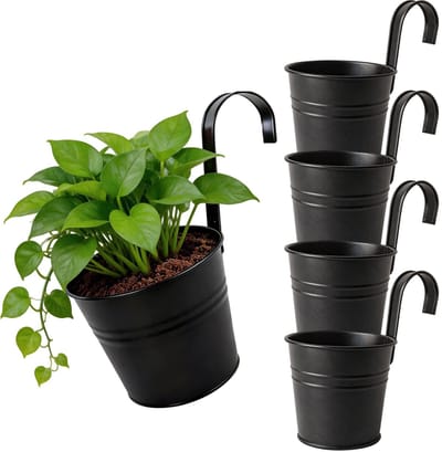 4 stuks hangende bloempot met drainagegat, zwarte bloempot van metaal met afneembare haken, hangpotten voor planten, vintage stijl, decoratie, balkon, tuin, muur, omheining, buiten