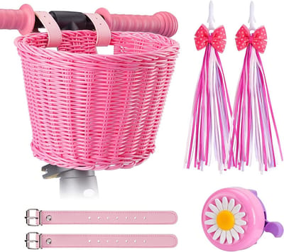 Kids Bicycle Basket Set, Girl Bicycle Basket Pink Handwoven, Bicycle Baskets for Kids, Children Bicycle Basket with Spare Leather Straps, Bow Streamers and Bell Easy Install