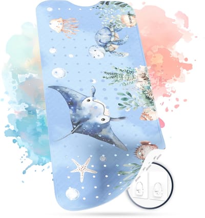 Badmat voor kinderen, antislip, 100 x 40 cm, antislipmat, badkuip, BPA-vrij, badmat voor kinderen, voor baby's en kinderen, roggen, onderwaterwereld, blauw, rechts