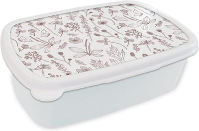 Broodtrommel Wit - Lunchbox - Brooddoos - Planten - Patroon - Bloemen - 18x12x6 cm - Volwassenen
