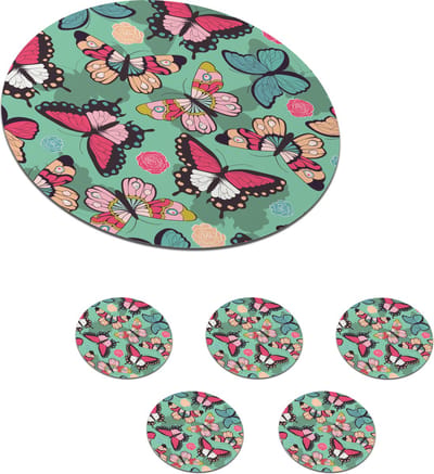 Onderzetters voor glazen - Rond - Vlinders - Patronen - Lente - 10x10 cm - Glasonderzetters - 6 stuks