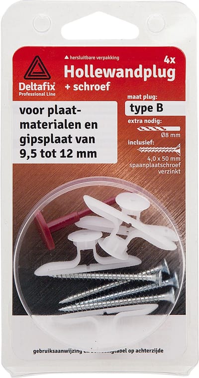 Deltafix hollewandplug type c / 15mm plaat / met spaanplaatschroef grijs 4 cm 4 st.