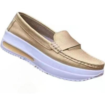 Gevulkaniseerde damesschoenen Zomer Nieuwe ronde neus Lederen damessportschoenen Outdoor platte sport Dames platte schoenen groot formaat 40 beige