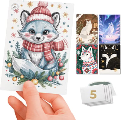 Inspra Studio – Luxe Kerstkaarten met Enveloppen – 5 Stuks – Dieren Wenskaarten Collectie – Mix van 5 Unieke Illustratiestijlen – Poolvos