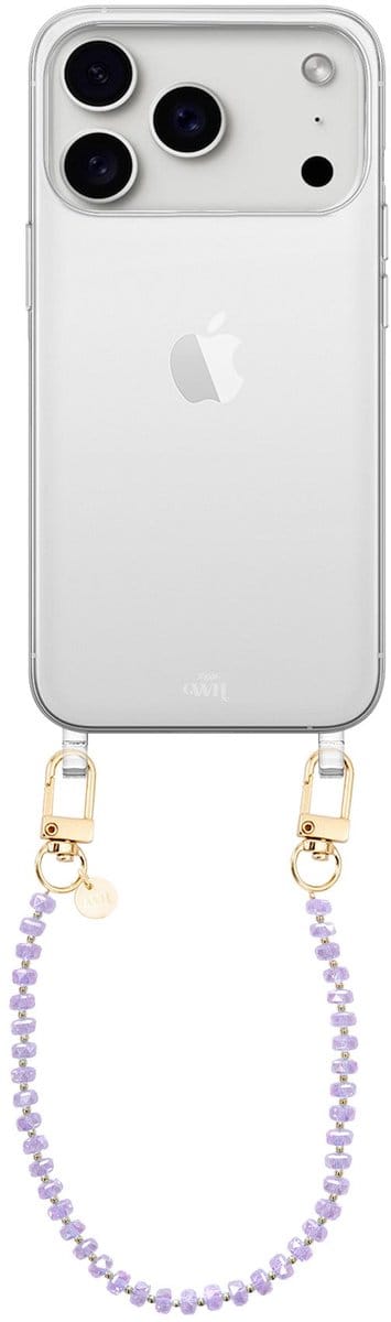 xoxo Wildhearts siliconen hoesje geschikt voor iPhone 17 Pro Max hoesje - Crystal (Paars) - Telefoonhoesje - Hoesje met koord - Kristal ketting - Kristallen met gouden details - kort telefoonkoord - Transparant hoesje