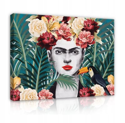 WALLARENA - Canvas schilderij - 100x70 cm - Frida Kahlo bladeren bloemen