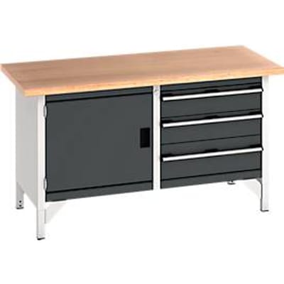 Werkbank type Bott box KW-1578-2.3, 3 gesloten laden, vleugeldeur, multiplex beuken blad, 1500 x 750 x 840 mm, antraciet/lichtgrijs