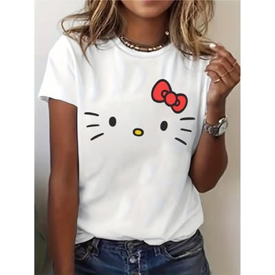 T-shirt Sanrio Hello Kitty pour femme - Visage iconique et imprimé signature, Manches courtes, Col rond, Haut décontracté d'été, Convient pour l'été et le printemps S blanc