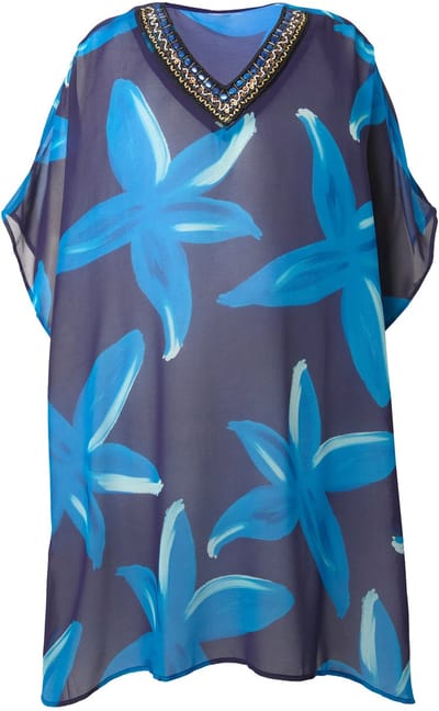 Ulla Popken - Dames - Tuniek bloemen versierde V-hals korte mouwen - Donkerblauw - Maat 1+