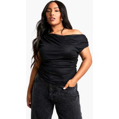 boohoo Dames Plus asymmetrische geplooide top | Zwart | Maat: 56