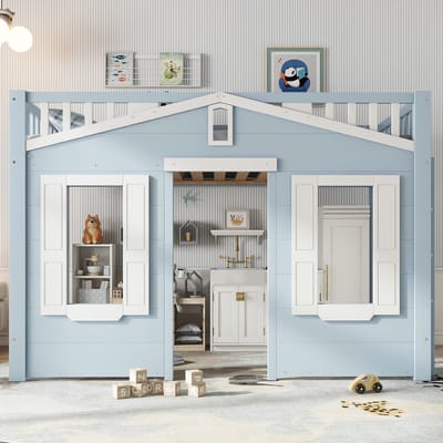 VVBV Hoogslaper Kinderbed 90x200cm, Houten Bed met Flexibele Ladder & Raamdesign, Speelruimte Onder Bed, Wit/Blauw