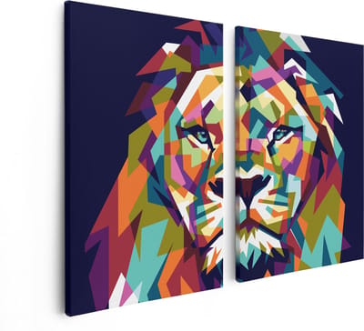 Artaza Canvas Schilderij Tweeluik Gekleurde Leeuw - Abstract - In Kleur - 80x60 - Foto Op Canvas - Canvas Print