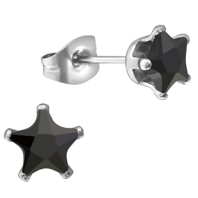 Aramat Jewels | Oorbellen | RVS Ster Oorbellen met Zirkonia - Sterretjes Oorstekers | Zilverkleurig / 6mm / Zwart | | | Staal | Kinderen, Volwassenen | Verkleurd niet