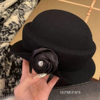 Franse Retro Rozen Meisje Herfst en Winter Hepburn Stijl Wollen Krullende Tophoed Elegante Socialite Hoed one size black