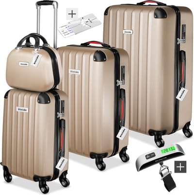tectake® 4-delige Kofferset - Reiskoffer Set Inclusief Bagage Weegschaal en Label - 360° wielen - ABS Harde Schaal - Koffer met TSA-Cijferslot - Stapelbaar - Trolley Handbagage - Ruimbagage - 95L, 64L, 39L Koffers en 11L Beautycase - Champagne