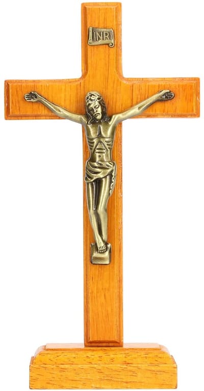 Dailygoods- Kruisbeeld Staand - Houten/Metaal Decoratie - Jezus Crucifix - Religieus Gebed - Hoogglans Gepolijst - Eenvoudig te Installeren