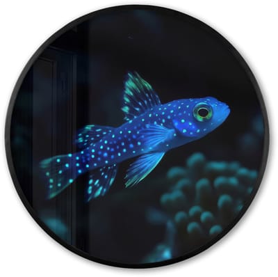 Poster in lijst Rond - Fotolijst 60x60 cm - Posters - Vis - Stippen - Koraal - Blauw - Ronde posterlijst zwart - Decoratie - Wanddecoratie woonkamer - Muurdecoratie slaapkamer