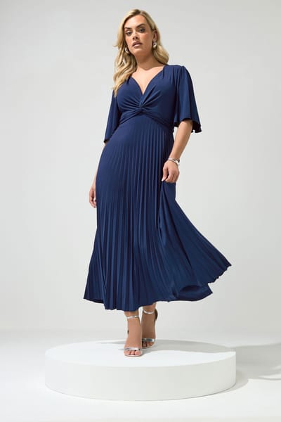 Yours London Marineblauwe Geplooide Maxijurk Met Knoop Size 38