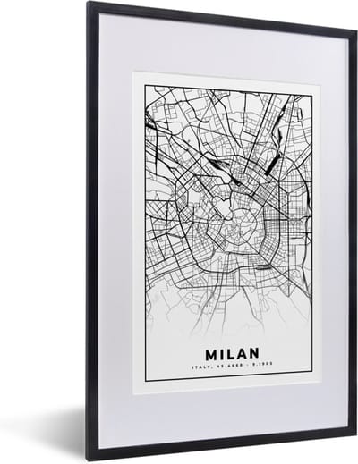 Fotolijst incl. Poster Zwart Wit- Milaan - Stadskaart - Zwart Wit - Plattegrond - Kaart - 40x60 cm - Posterlijst