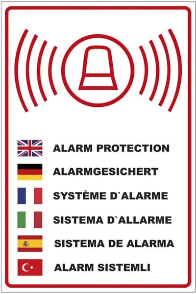Beveiligingsbord Alarm - Waarschuwingsbord PVC - Duidelijke Melding - Meertalige Opdruk - 20x30 cm - Wit