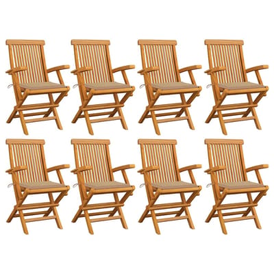vidaXL - Opklapbare - stoelen - met - beige - kussens, - 8 - stuks, - massief - teakhout