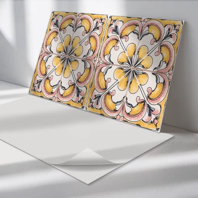 Wallfluent Vinyl Wandpaneel - Bloemenkeramiekpatroon Vinyl Wandbekleding - 100 cm x 50 cm - Geel PVC wandpaneel - Verpakking van 1 stuk - Rechthoekig Wandbekleding Vinyl - Texturen Wandpaneel - Zelfklevend Muurpaneel - Wandpaneel Keuken en Badkamer