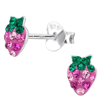 Joy|S - Zilveren aardbei oorbellen - 5 x 6 mm - roze paars - kristal - kinderoorbellen