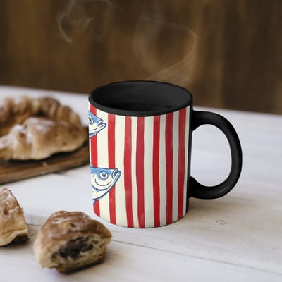 Magische Mok - Foto op Warmte Mokken - Koffiemok - Vissen - Verticale strepen - Blauw - Rood - Magic Mok - Beker - 350 ML - Theemok