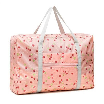 Roze opvouwbare weekendtas dames en heren – draagbare reis organizer tas met kersen patroon – lichtgewicht bagage opbergtas met ritssluiting – grote capaciteit – opvouwbare plunjezak voor reizen