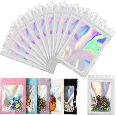 100 Witte Holografische Folie Zip Lock Zakjes - Hersluitbare Mylar Zakken - 8x13cm - Uitdeelzakjes - Transparant - Snoepzakjes - Cadeauzakjes - 100 Stuks