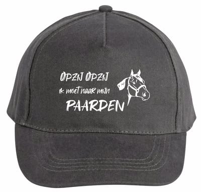 Mijncadeautje - 5 panel - Cap - Verstelbaar - Pet van 100% dik geborsteld katoen- unisex - opdruk wit - opzij opzij naar mijn paarden - chique grijs