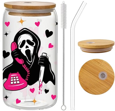 Dailygoods- Glazen Beker 400 ml - Halloween Design - Deksel/Rietje - Spooky Drinkglas - Cadeau voor Vrouwen/Tieners - Kunstzinnige Motieven