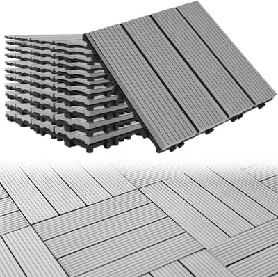 Froadp 33 stuks WPC-tegels 30 x 30 cm, WPC-kliktegels, 3 m², balkontegels, terrastegels, tegels met houtlook, terrasplanken voor balkon, lichtgrijs
