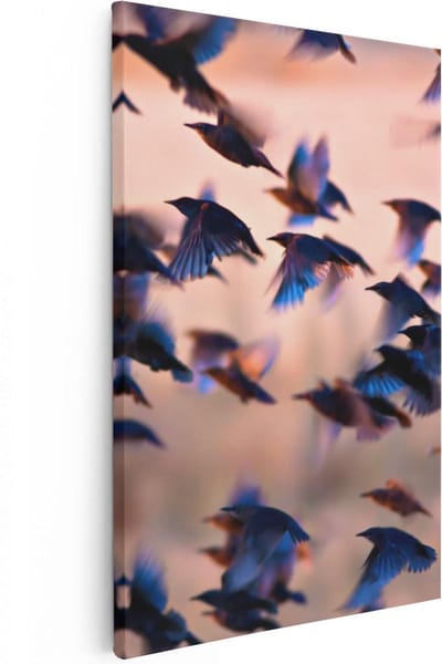 Artaza Canvas Schilderij Vogelzwerm - 20x30 cm - Klein - Wanddecoratie Vogels - Muurdecoratie Woonkamer - Kamer Accessoires