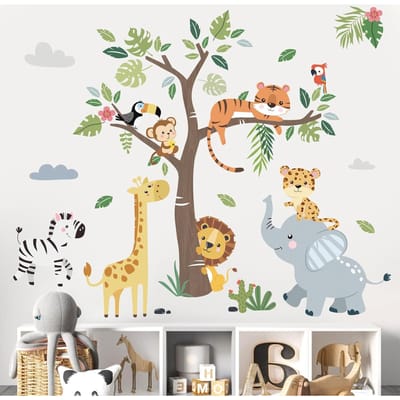 Jungle Dieren Boom Muurstickers - Olifant Giraf Leeuw Safari Stickers Voor Kinderkamer United States beige